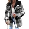 Zeagoo Womens Plaid Shacket Jacket Long Sleeve Fleece Hooded Jackets Fall Winter Warm Coat S-2XL(Grey Black)