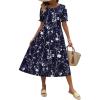 Zeagoo Womens Summer Dress Casual Midi Dresses 2026 Short Puff Sleeve Flare Dress Pleated Flowy Sundress with Pockets(Navy Floral 01)
