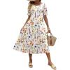 Zeagoo Womens Summer Dress Casual Midi Dresses 2026 Short Puff Sleeve Flare Dress Pleated Flowy Sundress with Pockets(White Floral 02)
