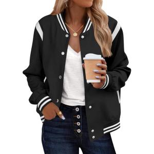 Zeagoo Bomber Jacket Women Varsity Casual Button Down Lightweight 2026 Spring Fashion Short School Outfits with Pockets(A01-black)