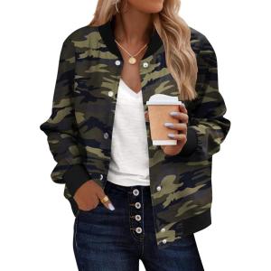 Zeagoo Bomber Jacket Women Varsity Casual Button Down Lightweight 2026 Spring Fashion Short School Outfits with Pockets(Army Camo)