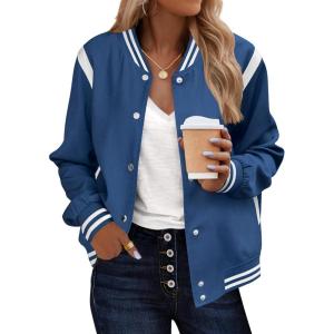 Zeagoo Bomber Jacket Women Varsity Casual Button Down Lightweight 2026 Spring Fashion Short School Outfits with Pockets(Blue)