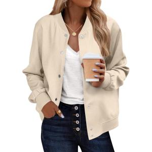 Zeagoo Bomber Jacket Women Varsity Casual Button Down Lightweight 2026 Spring Fashion Short School Outfits with Pockets(Champagne)