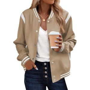 Zeagoo Bomber Jacket Women Varsity Casual Button Down Lightweight 2026 Spring Fashion Short School Outfits with Pockets(Khaki Striped)