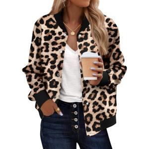 Zeagoo Bomber Jacket Women Varsity Casual Button Down Lightweight 2026 Spring Fashion Short School Outfits with Pockets(Leopard)