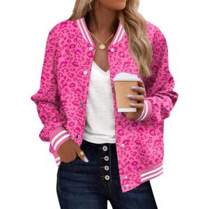 Zeagoo Bomber Jacket Women Varsity Casual Button Down Lightweight 2026 Spring Fashion Short School Outfits with Pockets(Leopard Pink)