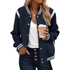 Zeagoo Bomber Jacket Women Varsity Casual Button Down Lightweight 2026 Spring Fashion Short School Outfits with Pockets(Navy Blue)