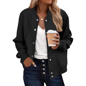 Zeagoo Bomber Jacket Women Varsity Casual Button Down Lightweight 2026 Spring Fashion Short School Outfits with Pockets(Solid Black)