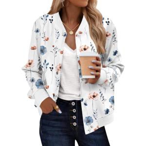 Zeagoo Bomber Jacket Women Varsity Casual Button Down Lightweight 2026 Spring Fashion Short School Outfits with Pockets(White Floral Print)