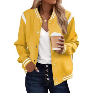 Zeagoo Bomber Jacket Women Varsity Casual Button Down Lightweight 2026 Spring Fashion Short School Outfits with Pockets(Yellow)