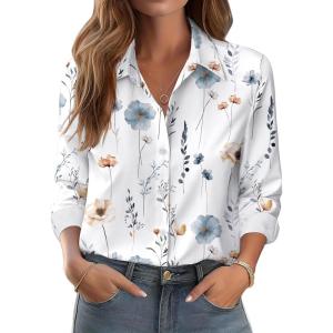 Zeagoo Button Down Shirts for Women Dressy Floral Printed Long Sleeve Blouse Business Casual Work Tops