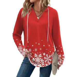 Zeagoo Hoodies for Women Long Sleeve Drawstring V Neck Pullover Sweatshirts Shirts Loose Casual Fall Tops(02-christmas Red)