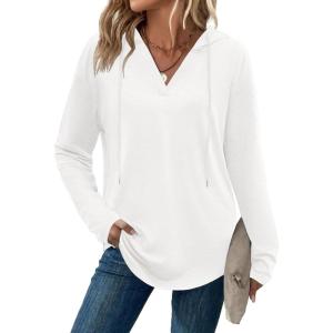 Zeagoo Hoodies for Women Long Sleeve Drawstring V Neck Pullover Sweatshirts Shirts Loose Casual Fall Tops(02-white)