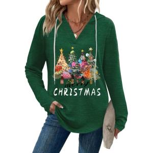 Zeagoo Hoodies for Women Long Sleeve Drawstring V Neck Pullover Sweatshirts Shirts Loose Casual Fall Tops(03-christmas Green)