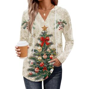 Zeagoo Hoodies for Women Long Sleeve Drawstring V Neck Pullover Sweatshirts Shirts Loose Casual Fall Tops(04-christmas Khaki)