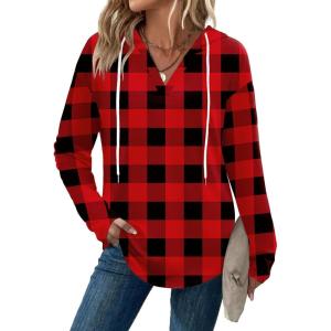 Zeagoo Hoodies for Women Long Sleeve Drawstring V Neck Pullover Sweatshirts Shirts Loose Casual Fall Tops(05-red Plaid)