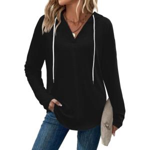 Zeagoo Hoodies for Women Long Sleeve Drawstring V Neck Pullover Sweatshirts Shirts Loose Casual Fall Tops(Black)