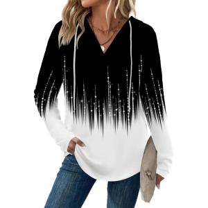 Zeagoo Hoodies for Women Long Sleeve Drawstring V Neck Pullover Sweatshirts Shirts Loose Casual Fall Tops(Blackwhite)
