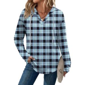 Zeagoo Hoodies for Women Long Sleeve Drawstring V Neck Pullover Sweatshirts Shirts Loose Casual Fall Tops(Blue Plaid)
