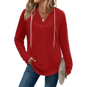 Zeagoo Hoodies for Women Long Sleeve Drawstring V Neck Pullover Sweatshirts Shirts Loose Casual Fall Tops(Bright Red)