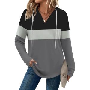 Zeagoo Hoodies for Women Long Sleeve Drawstring V Neck Pullover Sweatshirts Shirts Loose Casual Fall Tops(Grey Black)