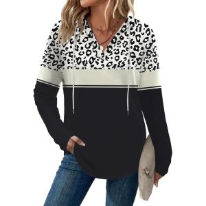 Zeagoo Hoodies for Women Long Sleeve Drawstring V Neck Pullover Sweatshirts Shirts Loose Casual Fall Tops(Leopard Black)