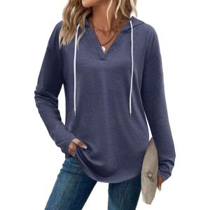 Zeagoo Hoodies for Women Long Sleeve Drawstring V Neck Pullover Sweatshirts Shirts Loose Casual Fall Tops(Navy Blue)