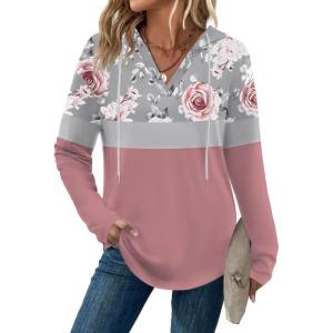 Zeagoo Hoodies for Women Long Sleeve Drawstring V Neck Pullover Sweatshirts Shirts Loose Casual Fall Tops(Peony Pink)