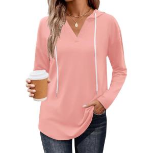Zeagoo Hoodies for Women Long Sleeve Drawstring V Neck Pullover Sweatshirts Shirts Loose Casual Fall Tops(Pink)