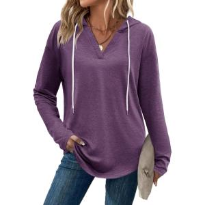 Zeagoo Hoodies for Women Long Sleeve Drawstring V Neck Pullover Sweatshirts Shirts Loose Casual Fall Tops(Purple)