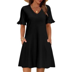 Zeagoo Summer Casual Dresses for Women A Line Sun Dress Ruffle Short Sleeve V Neck Floral Tshirt Dress with Pockets(Black)