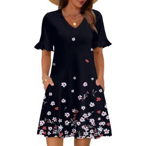 Zeagoo Summer Casual Dresses for Women A Line Sun Dress Ruffle Short Sleeve V Neck Floral Tshirt Dress with Pockets(Black Floral-printed)