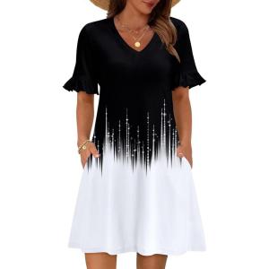 Zeagoo Summer Casual Dresses for Women A Line Sun Dress Ruffle Short Sleeve V Neck Floral Tshirt Dress with Pockets(Black White Printed)