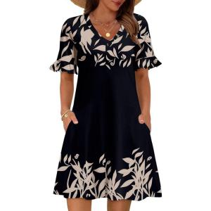 Zeagoo Summer Casual Dresses for Women A Line Sun Dress Ruffle Short Sleeve V Neck Floral Tshirt Dress with Pockets(Black-printed)
