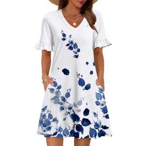 Zeagoo Summer Casual Dresses for Women A Line Sun Dress Ruffle Short Sleeve V Neck Floral Tshirt Dress with Pockets(Blue White-print)