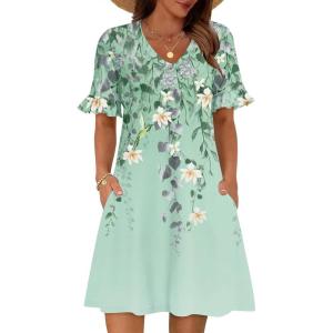 Zeagoo Summer Casual Dresses for Women A Line Sun Dress Ruffle Short Sleeve V Neck Floral Tshirt Dress with Pockets(Floral Printed-2)