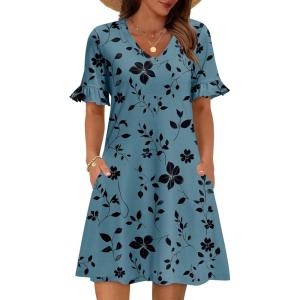 Zeagoo Summer Casual Dresses for Women A Line Sun Dress Ruffle Short Sleeve V Neck Floral Tshirt Dress with Pockets(Floral-1)