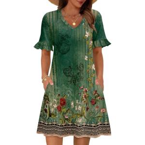 Zeagoo Summer Casual Dresses for Women A Line Sun Dress Ruffle Short Sleeve V Neck Floral Tshirt Dress with Pockets(Green Floral)