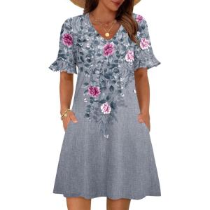 Zeagoo Summer Casual Dresses for Women A Line Sun Dress Ruffle Short Sleeve V Neck Floral Tshirt Dress with Pockets(Grey Red Floral)