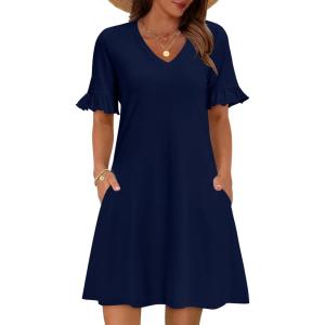Zeagoo Summer Casual Dresses for Women A Line Sun Dress Ruffle Short Sleeve V Neck Floral Tshirt Dress with Pockets(Navy Blue)
