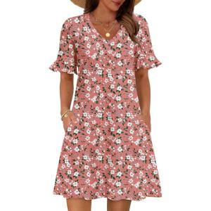 Zeagoo Summer Casual Dresses for Women A Line Sun Dress Ruffle Short Sleeve V Neck Floral Tshirt Dress with Pockets(Pink Floral)
