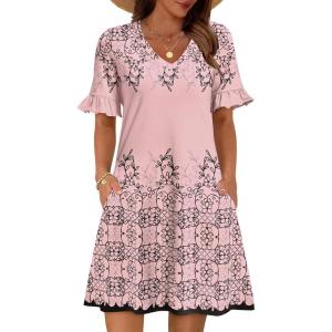 Zeagoo Summer Casual Dresses for Women A Line Sun Dress Ruffle Short Sleeve V Neck Floral Tshirt Dress with Pockets(Pink-printed)