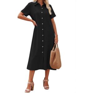 Zeagoo Summer Dresses for Women 2026 Button Down Shirt Dresses Aline Long Sundress Short Sleeve Beach Travel Cover Up(Black)