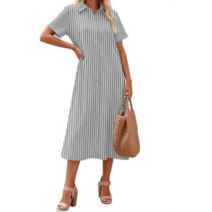 Zeagoo Summer Dresses for Women 2026 Button Down Shirt Dresses Aline Long Sundress Short Sleeve Beach Travel Cover Up(Black Stripe)