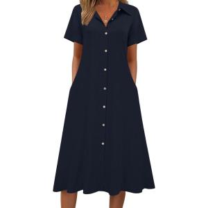 Zeagoo Summer Dresses for Women 2026 Button Down Shirt Dresses Aline Long Sundress Short Sleeve Beach Travel Cover Up(Blue)
