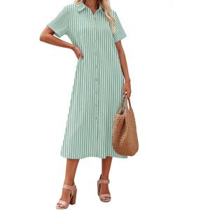 Zeagoo Summer Dresses for Women 2026 Button Down Shirt Dresses Aline Long Sundress Short Sleeve Beach Travel Cover Up(Green Stripe)