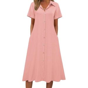 Zeagoo Summer Dresses for Women 2026 Button Down Shirt Dresses Aline Long Sundress Short Sleeve Beach Travel Cover Up(Pink)