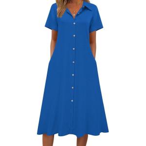 Zeagoo Summer Dresses for Women 2026 Button Down Shirt Dresses Aline Long Sundress Short Sleeve Beach Travel Cover Up(Royal Blue)