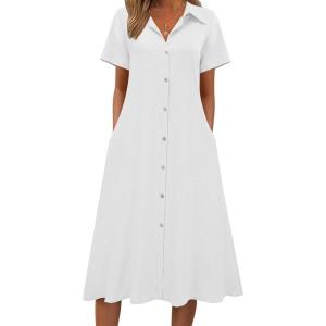 Zeagoo Summer Dresses for Women 2026 Button Down Shirt Dresses Aline Long Sundress Short Sleeve Beach Travel Cover Up(White)