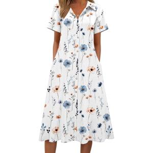 Zeagoo Summer Dresses for Women 2026 Button Down Shirt Dresses Aline Long Sundress Short Sleeve Beach Travel Cover Up(White Floral)